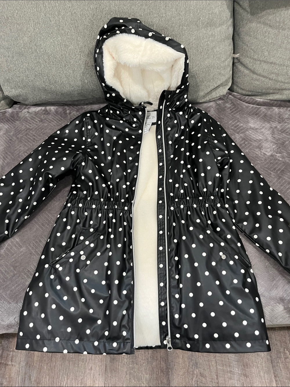Girls' Black Polka Dot Hooded Raincoat with Cream Faux-Fur Lining